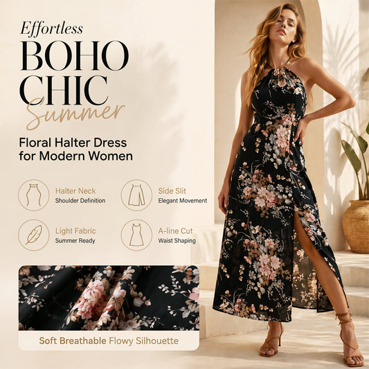 📢📢50% OFF !! ⏰Floral Print Split Halter Dress