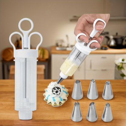 📢📢50% OFF !! ⏰Stainless Steel Cake Decorating Gun Kit with 6 Icing Nozzles - Cupcake Injector Piping Set for Cake & Deviled Egg Decoration, Pastry Icing Tools kitchen gadgets