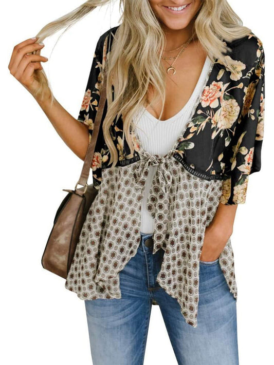 📢📢50% OFF !! ⏰Women's Floral Kimono Ruffle Sleeve Tie Cardigans Flowy Boho Loose Cover Ups