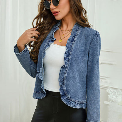 🧥 50% OFF NOW! 🌸 Women's Ruffle Trim Open-Front Denim Jacket – Lightweight & Feminine – Versatile & Chic 👗