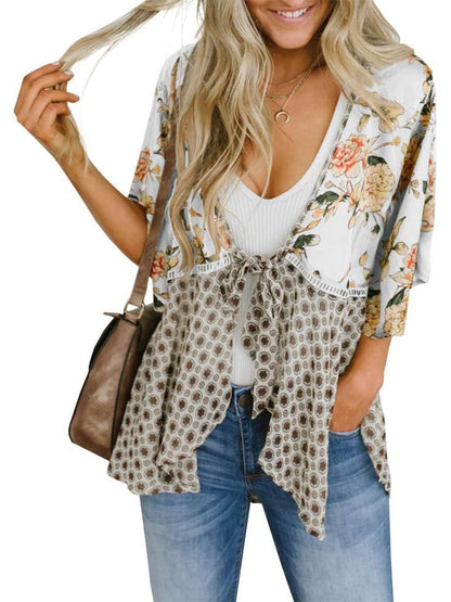 📢📢50% OFF !! ⏰Women's Floral Kimono Ruffle Sleeve Tie Cardigans Flowy Boho Loose Cover Ups