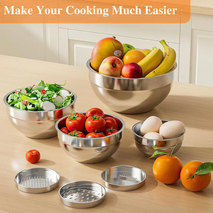 📢📢40% OFF !! ⏰ 6 Stainless Steel Bowls with 3 Graters – Stackable Design 🍽️