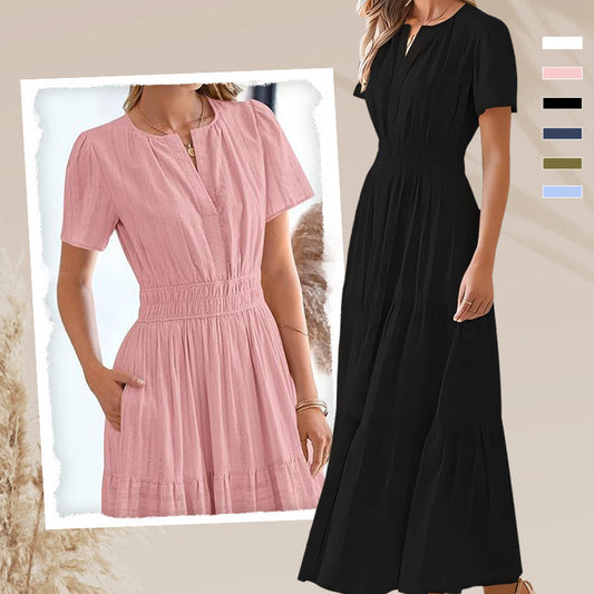 ✨Hot Sale！！ Women's Boho Chic Smocked Waist Maxi Dress