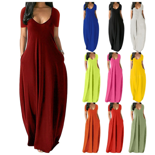 📢📢50% OFF !! ⏰Women's Round Neck Short Sleeve Casual Soft Fabric Long Dress