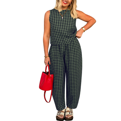 🔥 30% OFF&2026 HOT SALE🔥Summer Gingham Print Tank and Trousers Outfit