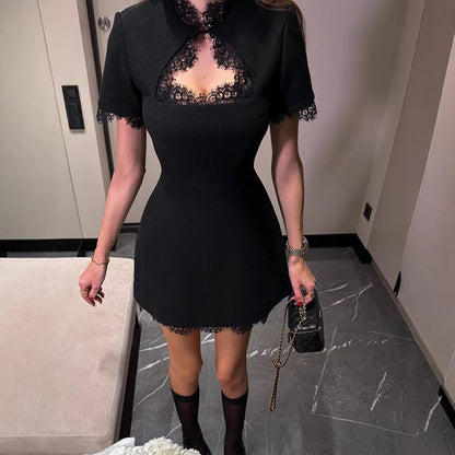 🔥 2026 Hot sale & 30% OFF🔥High-Neck Cutout Lace Panel Mini Dress