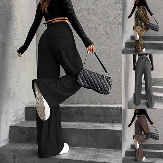 Women's Textured Ribbed Elastic Waist Drawstring Wide-Leg Pants
