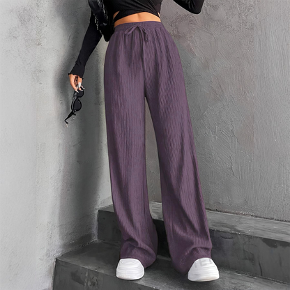 Women's Textured Ribbed Elastic Waist Drawstring Wide-Leg Pants
