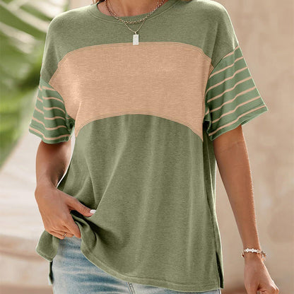 🔥2026 Hot sale 30% OFF🔥Women's Casual Round Neck Striped Color Clash Short Sleeve Top