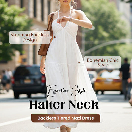 🔥2026 Hot sale 30% OFF🔥Halter Neck Backless Tiered Maxi Dress