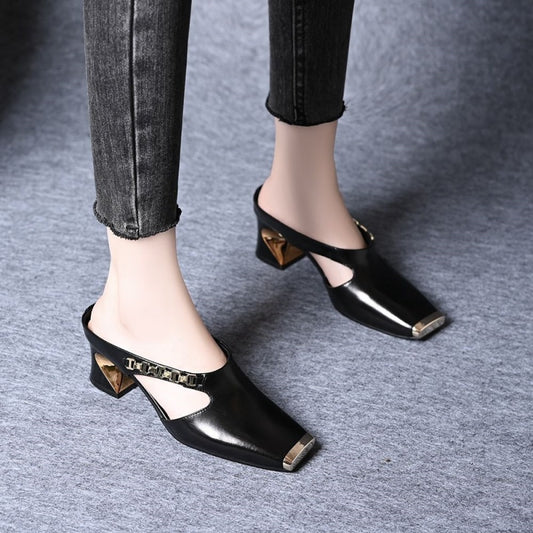 🔥 Hot sale 30% OFF🔥Women's Casual Metal Square Toe Mid Block Heel Mules