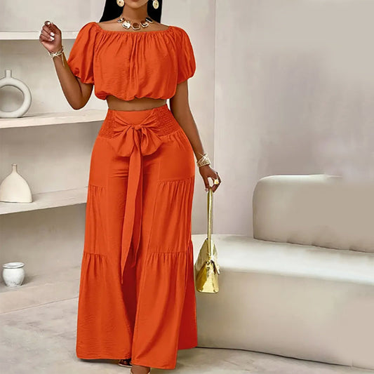 🔥2026 Hot sale 30% OFF🔥Off-Shoulder Puff Sleeve Top with Wide-Leg Pants 2-Pieces Set