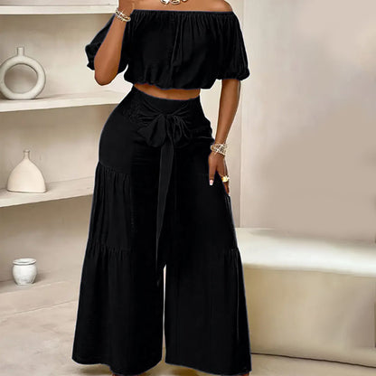 🔥2026 Hot sale 30% OFF🔥Off-Shoulder Puff Sleeve Top with Wide-Leg Pants 2-Pieces Set