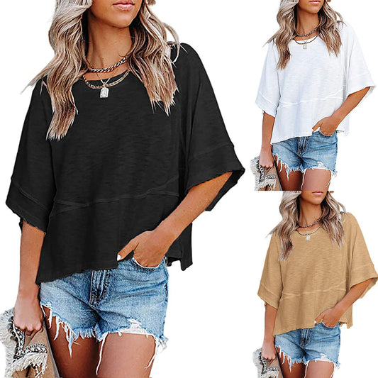 🔥50% OFF for a limited time🔥Women's Solid Color Splicing Loose Five Points Flare Sleeve T-Shirt
