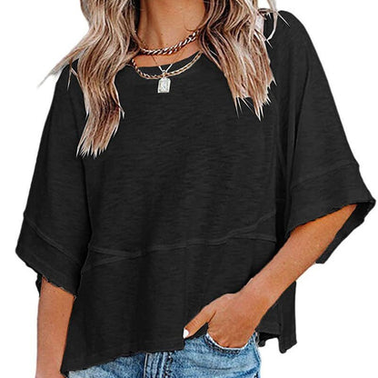 🔥50% OFF for a limited time🔥Women's Solid Color Splicing Loose Five Points Flare Sleeve T-Shirt