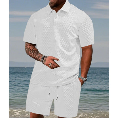 🔥40% OFF for a limited time🔥Men’s Diamond Pattern Turn-Down Collar Short Sleeve Top & Drawstring Shorts 2-Piece Set