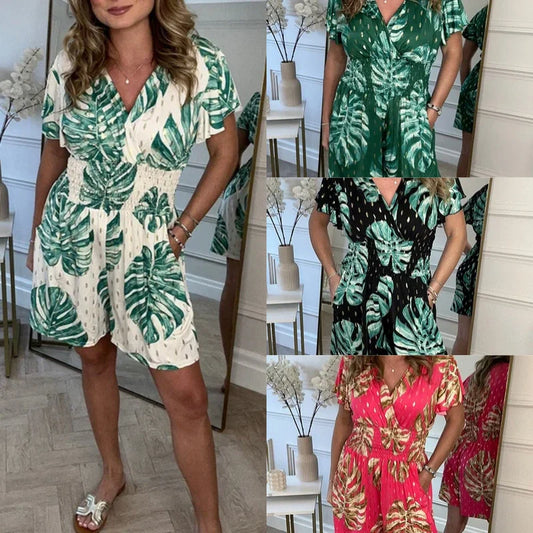 🔥 Hot sale 30% OFF🔥Women's Casual V-Neck Leaf Print Romper with Pockets