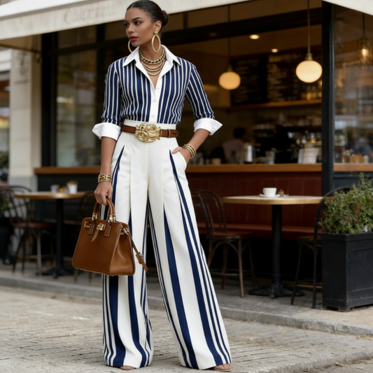 🔥40% OFF for a limited time🔥Women's Striped Shirt & Wide-Leg Pants 2-Piece Set