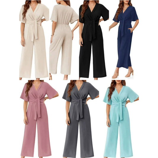 🔥 Hot sale 32% OFF🔥Women's Elegant V-Neck Wide Leg Waist Tie Jumpsuit