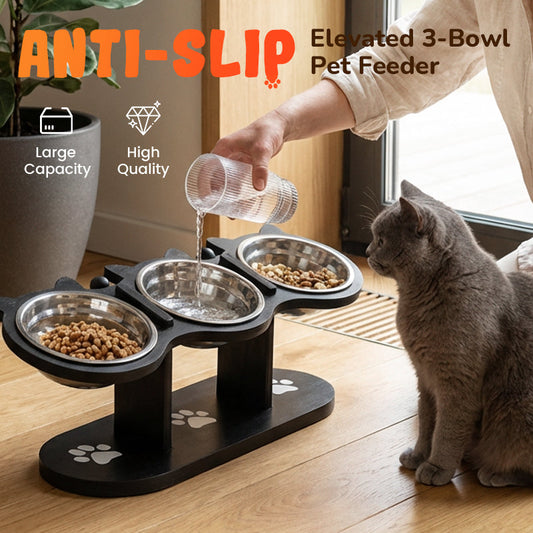 📢📢30% OFF !! ⏰Anti-Slip Elevated 3-Bowl Pet Feeder