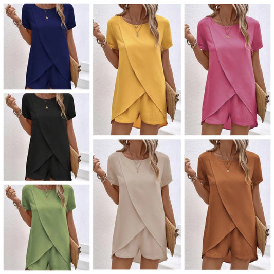 📢📢35% OFF !! ⏰Women's Solid Color Irregular Top & Shorts Two Piece Set