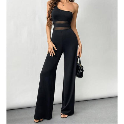 📢📢40% OFF !! ⏰One-Shoulder Mesh Panel Wide-Leg Jumpsuit