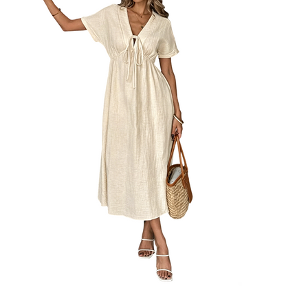 📢📢30% OFF !! ⏰Women's Summer V-Neck Tie-Front Midi Dress