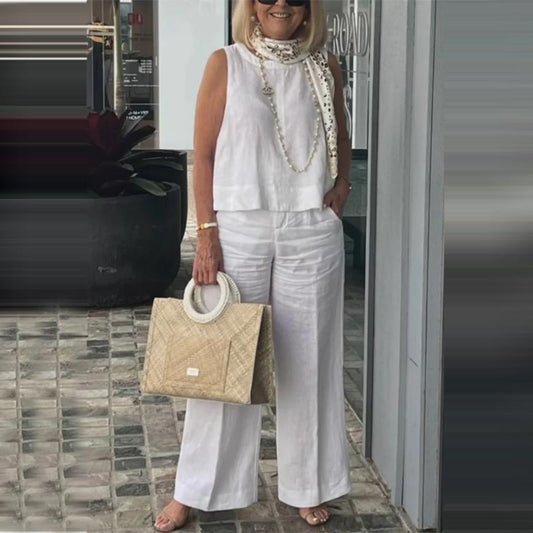 📢📢50% OFF !! ⏰Women's Simple Breathable Suit - Round-Neck Sleeveless Top & Wide-Leg Pants