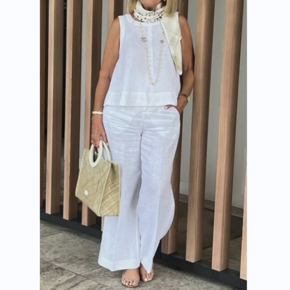 📢📢50% OFF !! ⏰Women's Simple Breathable Suit - Round-Neck Sleeveless Top & Wide-Leg Pants