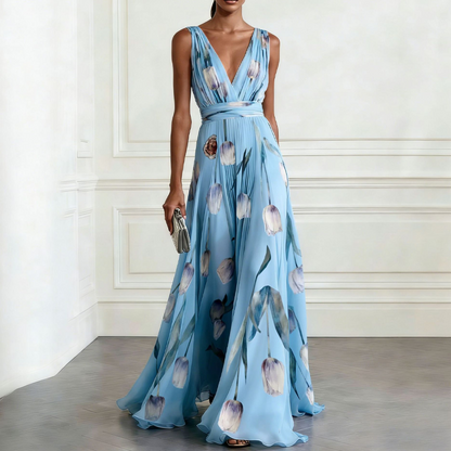 📢📢50% OFF !! ⏰Elegant V-Neck Tulip Print Maxi Dress