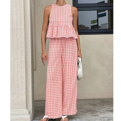 📢📢40% OFF !! ⏰Women's 2 Piece Plaid Print Outfits Ruffle Top & Pants