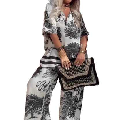 📢📢40% OFF !! ⏰Women's Casual Printed V-Neck Top and Long Pants Set