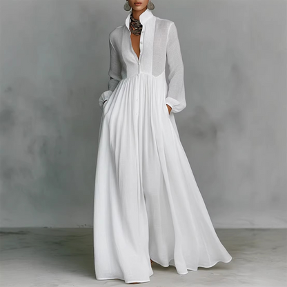 📢📢35% OFF !! ⏰Elegant Pleated White High-Neck Maxi Dress
