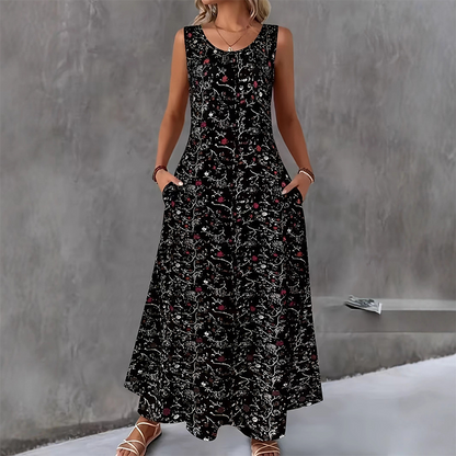 📢📢35% OFF !! ⏰Women's Floral Print Sleeveless Maxi Dress with Pockets