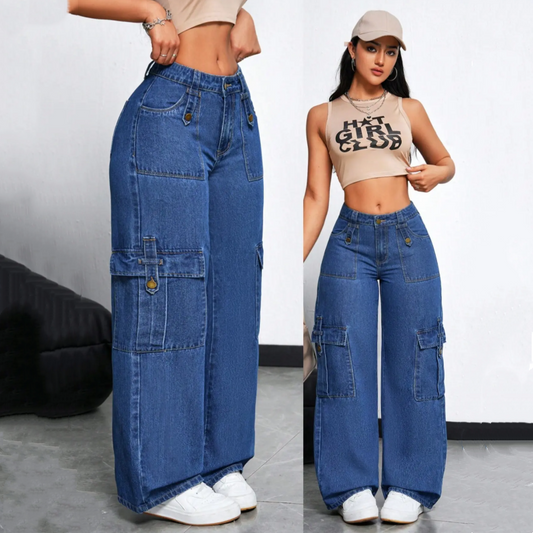 📢📢35% OFF !! ⏰High-Waist Denim Cargo Wide-Leg Pants