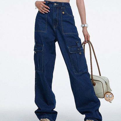 📢📢35% OFF !! ⏰High-Waist Denim Cargo Wide-Leg Pants