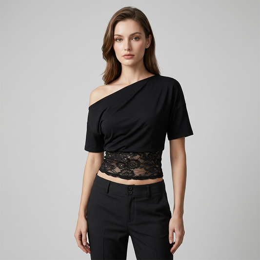 📢📢50% OFF !! ⏰Women's One-Shoulder Lace Patchwork Top