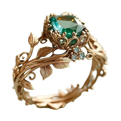 📢📢50% OFF !! ⏰Green Synthetic Crystal Ring with Intricate Leaf