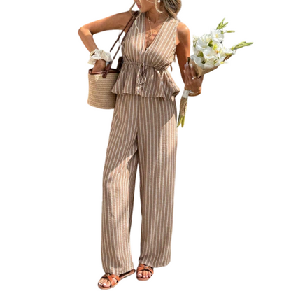 📢📢40% OFF !! ⏰Women's Striped V-Neck Top & Wide-Leg Pants Set
