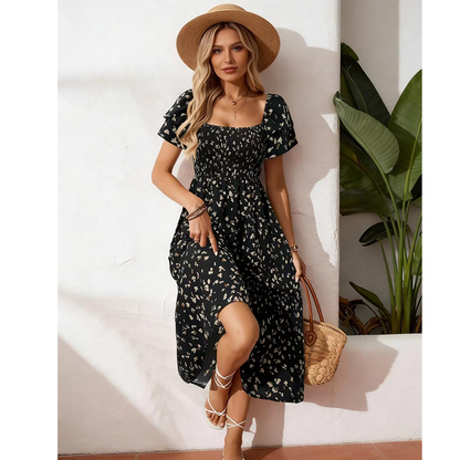 📢📢50% OFF !! ⏰Women's Square Neck Smocked Floral Midi Dress