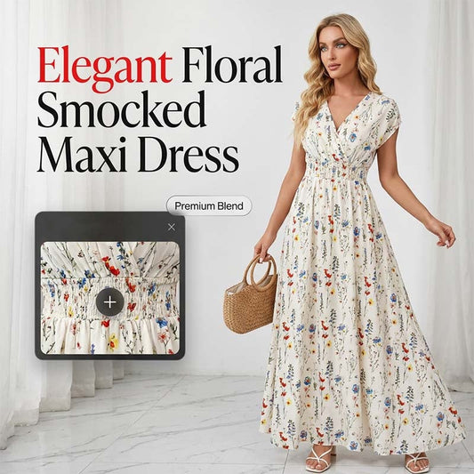 📢📢50% OFF !! ⏰Women's Floral V-Neck Smocked Waist Maxi Dress