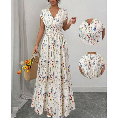 📢📢50% OFF !! ⏰Women's Floral V-Neck Smocked Waist Maxi Dress