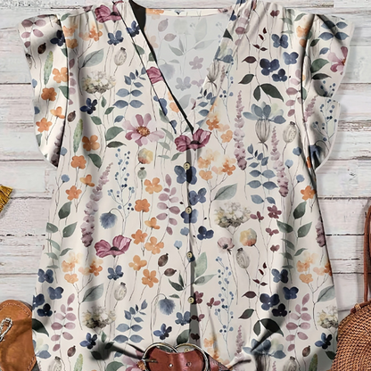 📢📢50% OFF !! ⏰Women's V-Neck Floral Print Button-Down Blouse