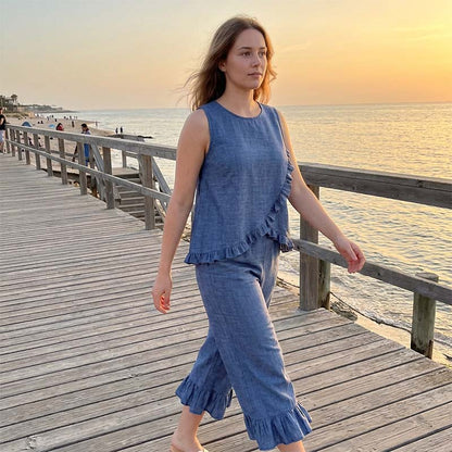 📢📢35% OFF !! ⏰Summer Sleeveless Blouse and Ruffle Hem Pants Set