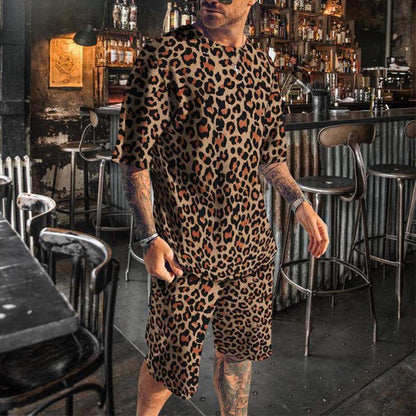 📢📢50% OFF !! ⏰Men's Stylish Leopard Print Short-Sleeve Top & Shorts Set