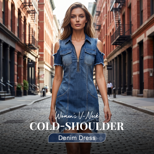 📢📢40% OFF !! ⏰Women's V-Neck Cold-Shoulder Denim Dress