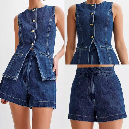 📢📢50% OFF !! ⏰Women's Casual Denim Two-Piece Sleeveless Top & Shorts Set