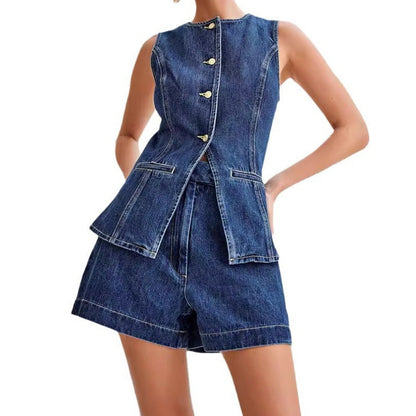 📢📢50% OFF !! ⏰Women's Casual Denim Two-Piece Sleeveless Top & Shorts Set