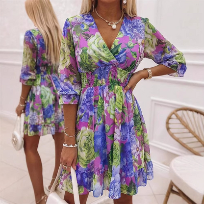 📢📢50% OFF !! ⏰Women's Floral V-Neck Ruffle Hem A-Line Dress