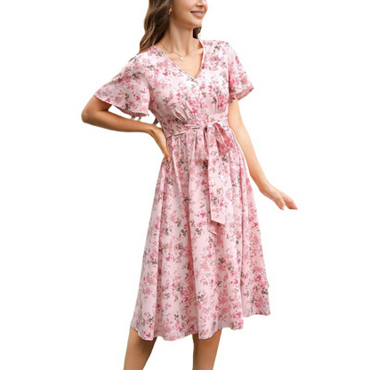 📢📢50% OFF !! ⏰Women’s Floral Print Tie-Waist Ruffle Sleeve Dress